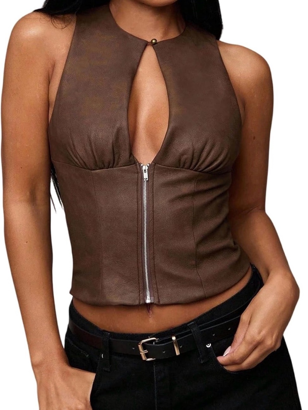 Brown Faux Leather Zip Front Halter Crop Top